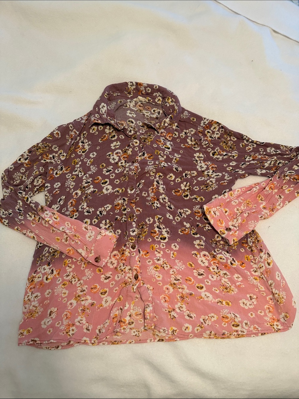 Mystree Large Floral Ombre Button-Up Blouse in Mauve and Pink